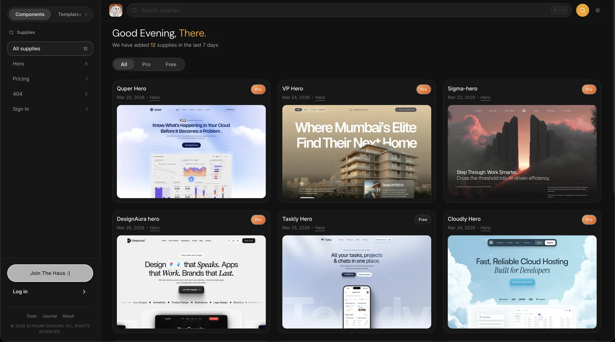 DropHaus component library in dark mode