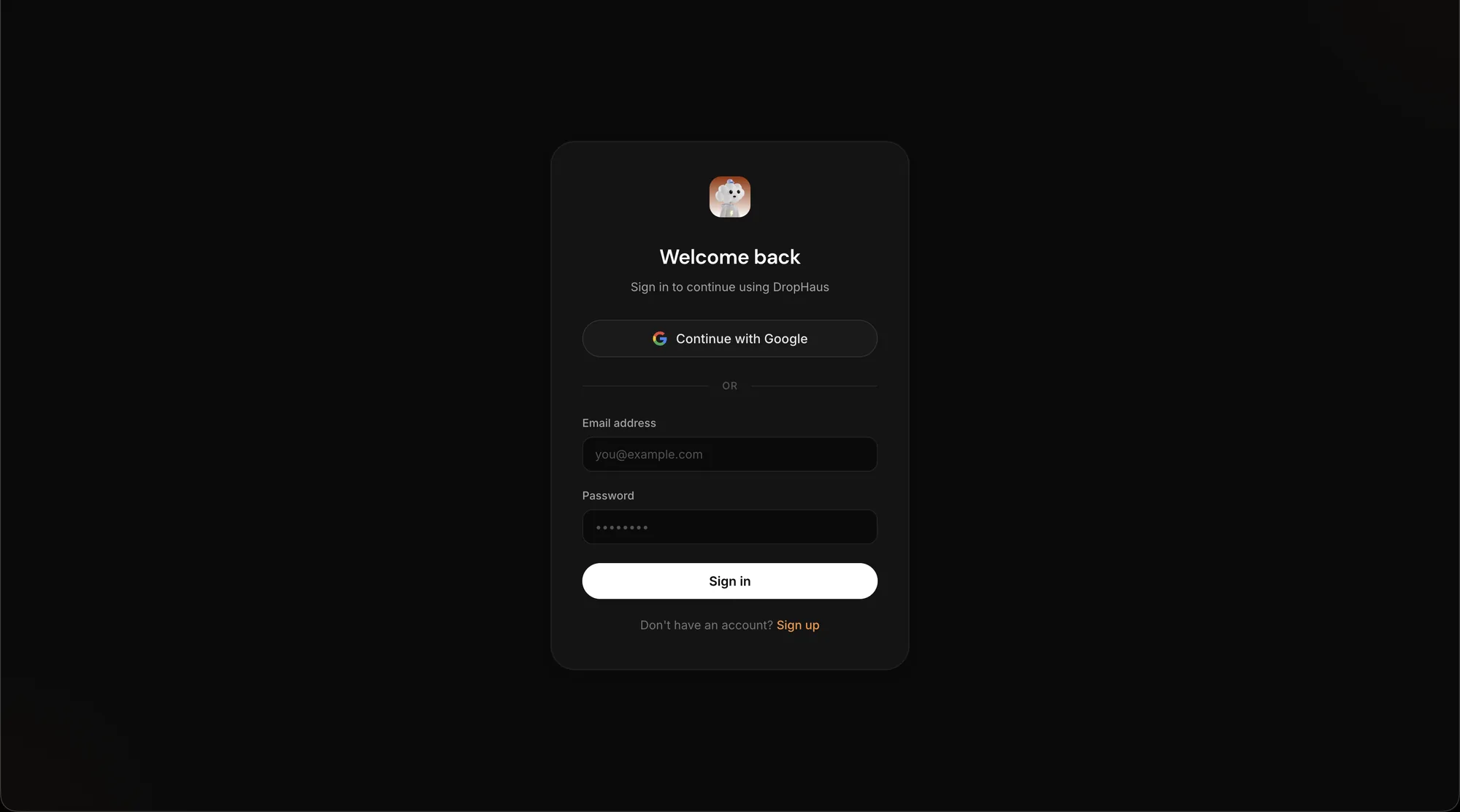 DropHaus sign-in screen with Google and email