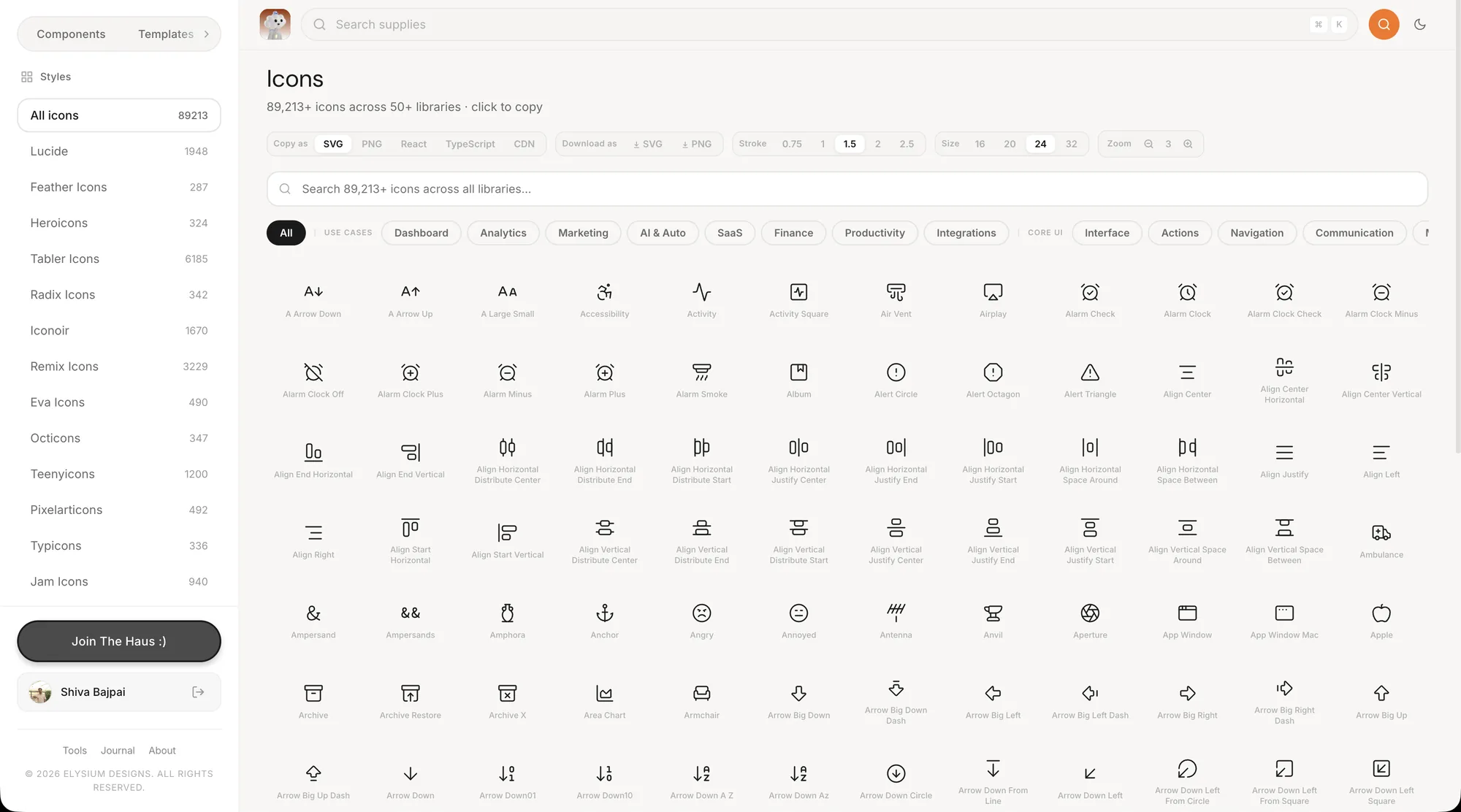 DropHaus icon browser in light mode with copy and stroke controls