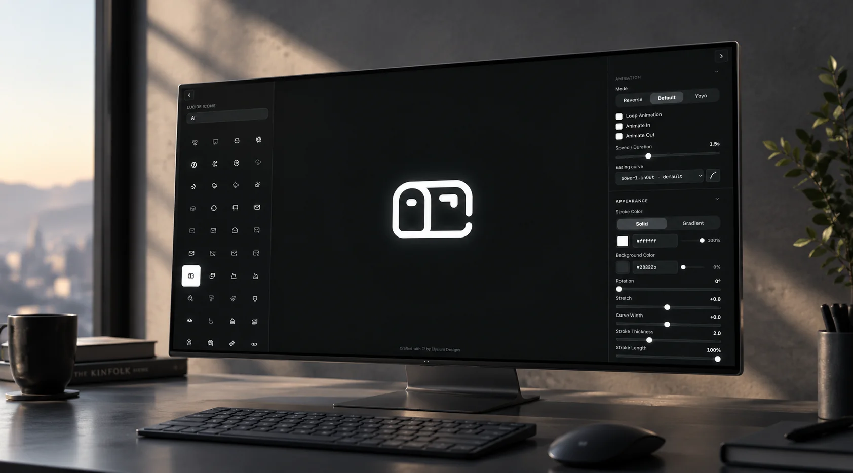 MotionIcons open on a desktop monitor with the icon library and animation controls